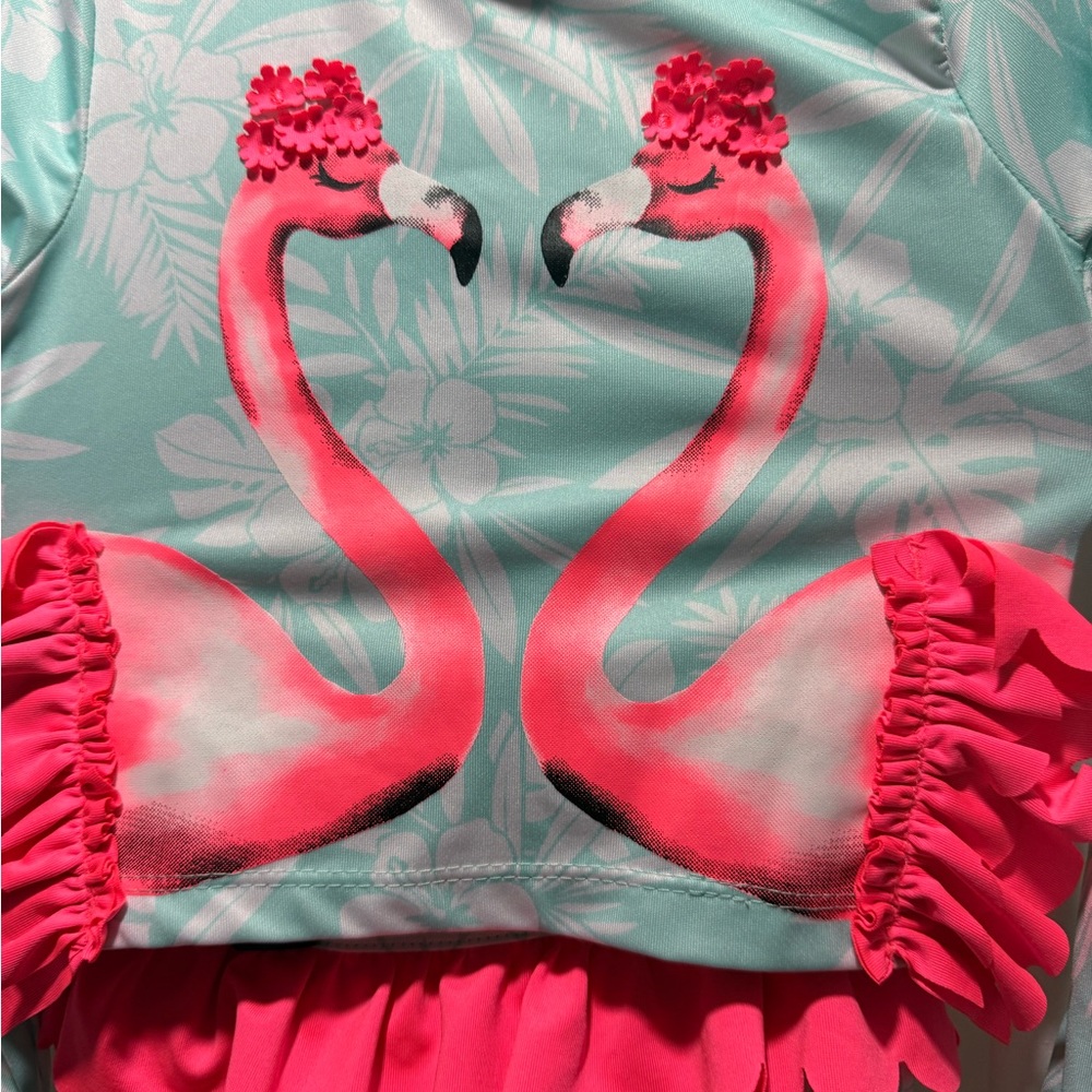 Penelope Mack Long Sleeve Swim Set with Pink Flamingo Print - Aqua/Pink - Picture 2 of 4